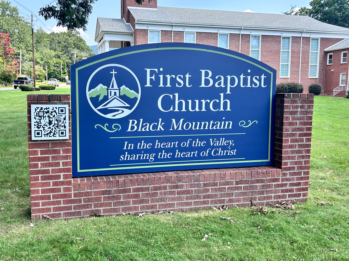 First Baptist Church of Black Mountain custom freestanding sign installed in an existing brick monument structure