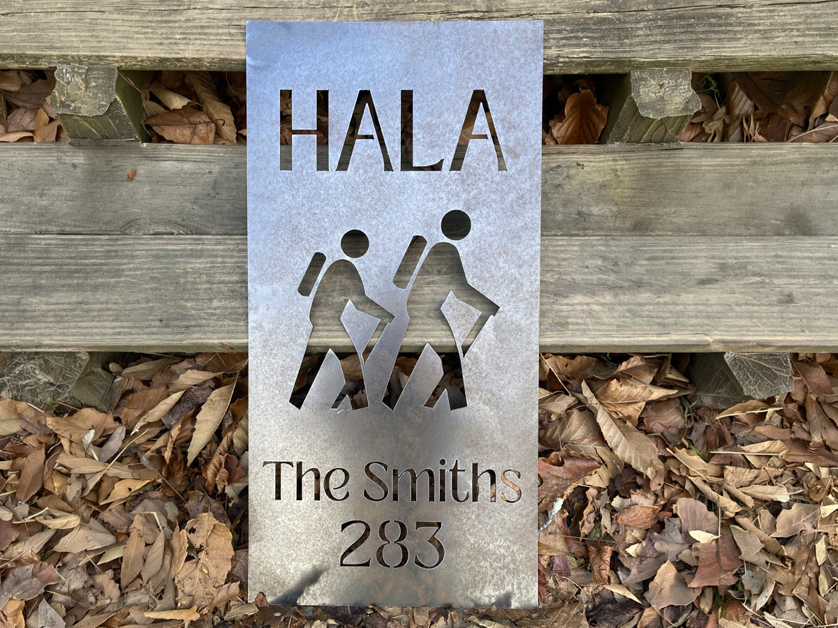 Custom steel Hala The Smiths 283 address sign with cut hiking figures
