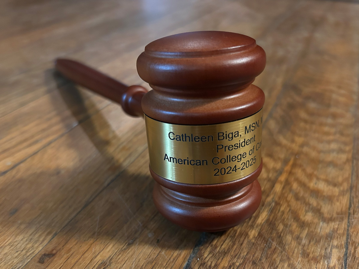 Oak presentation gavel with engraved brass band for organization president