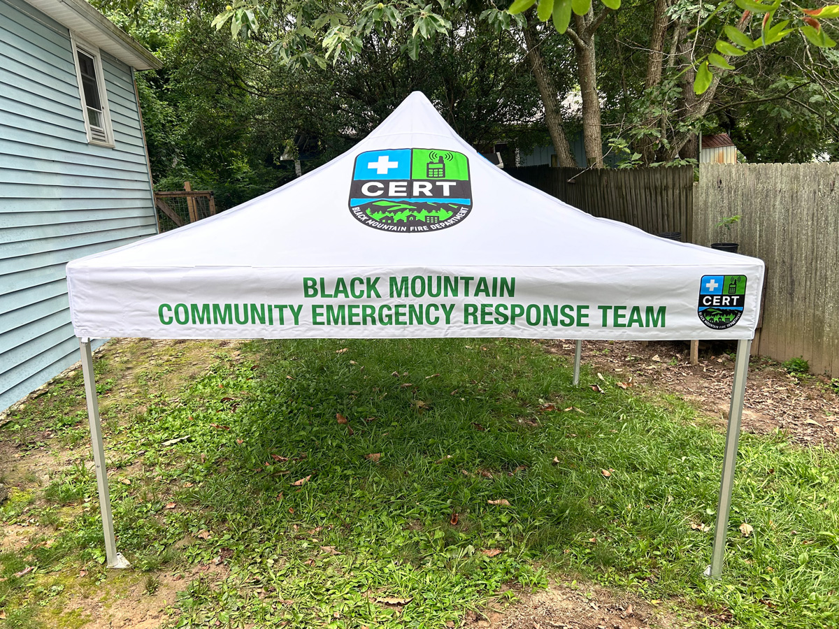 Custom 10 by 10 canopy for Black Mountain Community Emergency Response Team with graphics printed on eight locations