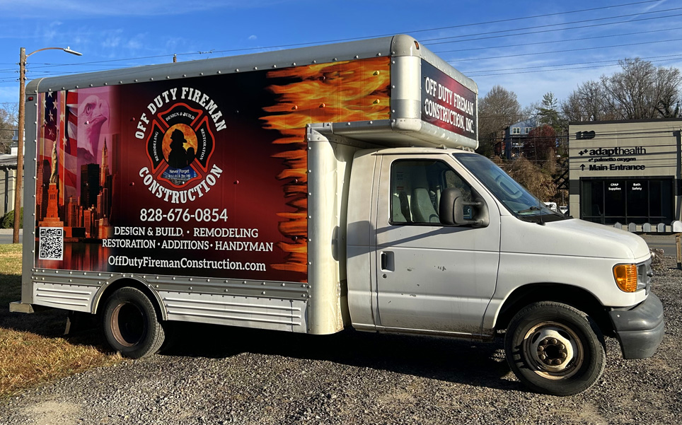 Off Duty Fireman Construction truck and trailer with custom commercial graphics