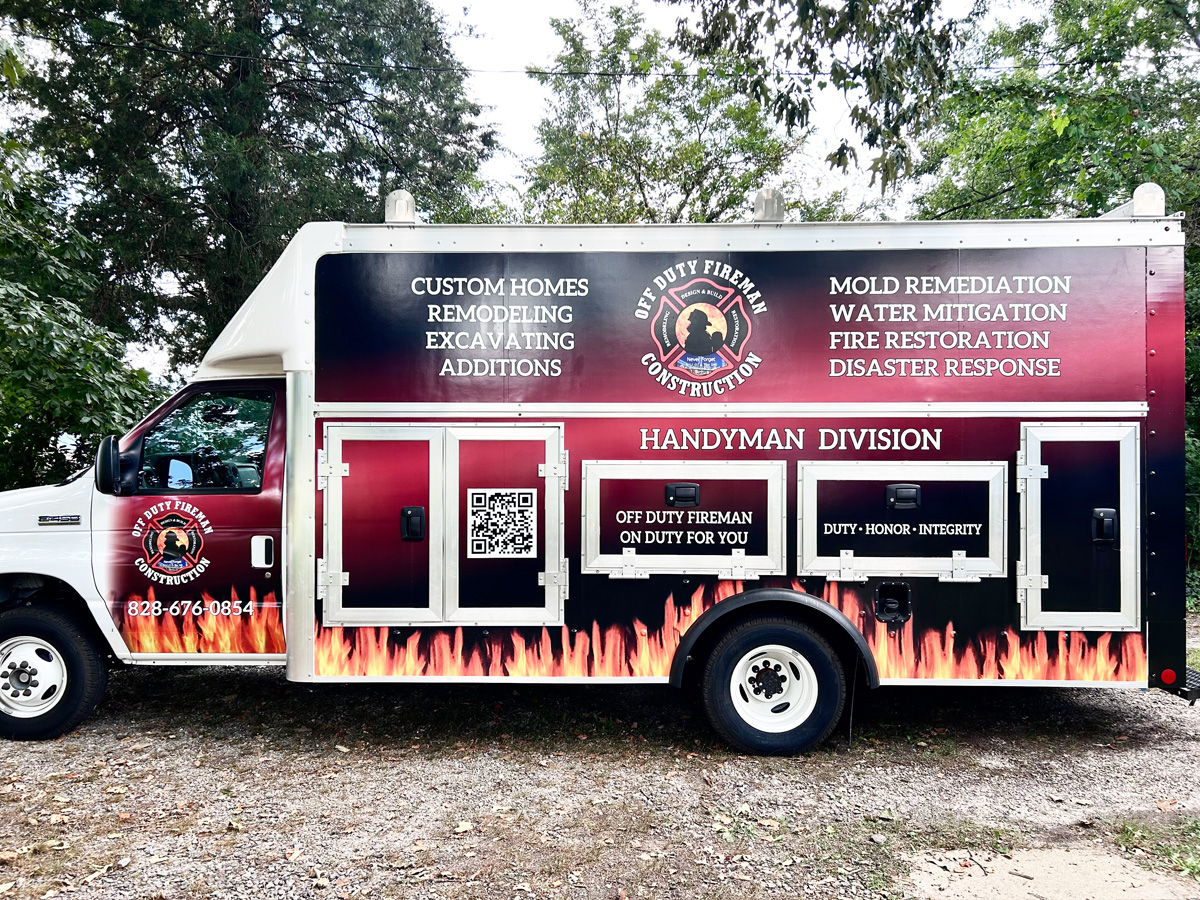 Full vehicle wrap for Off Duty Fireman Construction on a commercial cargo truck