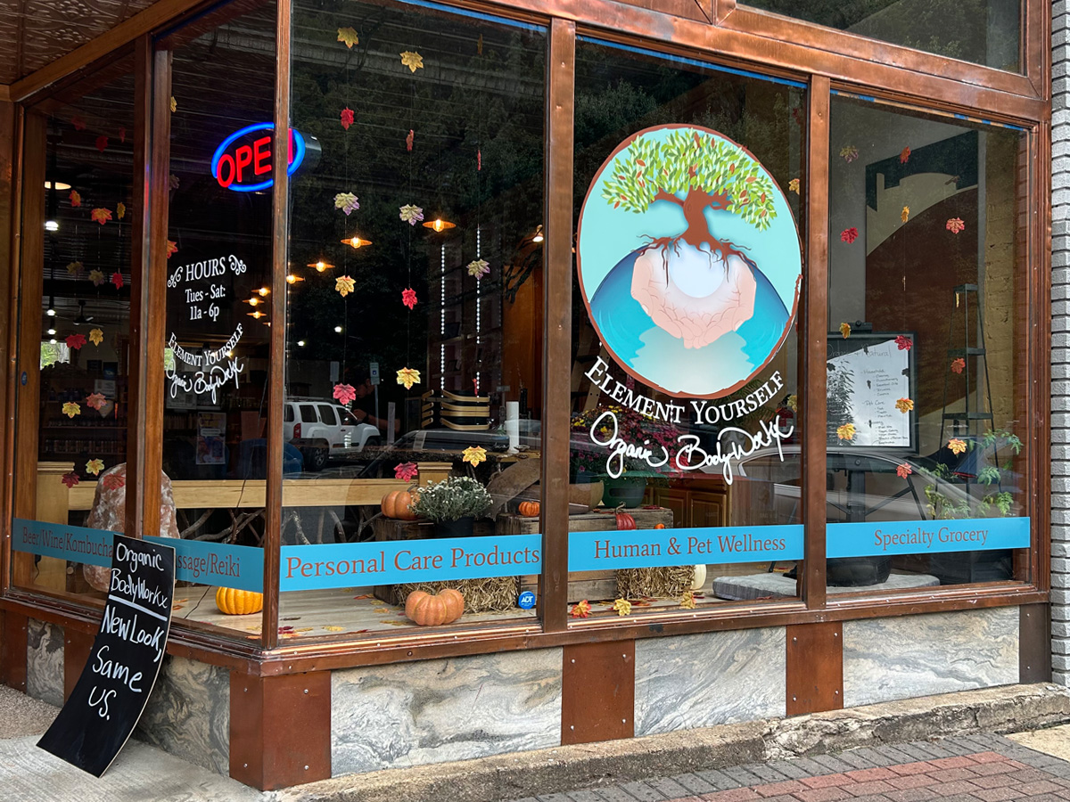 Element Yourself storefront window graphics with colorful tree logo, business lettering and blue service bands